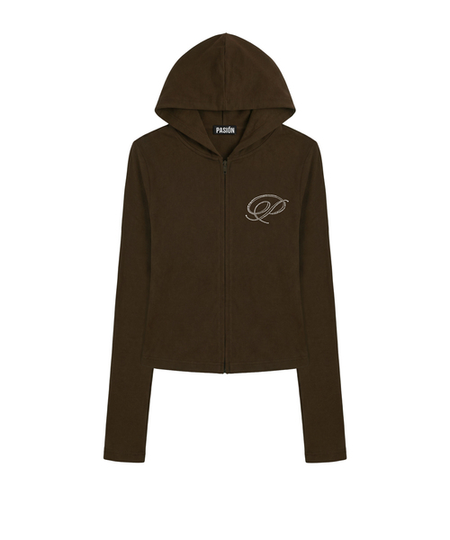 PASION(パシオン)の「スリム クリスタルグラム ジップアップパーカー_ブラウン Slim Crystal Glam Hoodie Zip-Up_Brown(パーカー・レディース・ブラウン・FREE)」の1枚目の写真