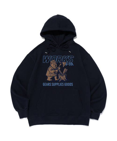 WORKS & CO.(ワークス アンド コー)の「ベアーズ&ウッドカッターフードTシャツ(ネイビー)(パーカー・レディース・その他・XL/LARGE/MEDIUM/X-LARGE/L/SMALL/S/M)」の1枚目の写真