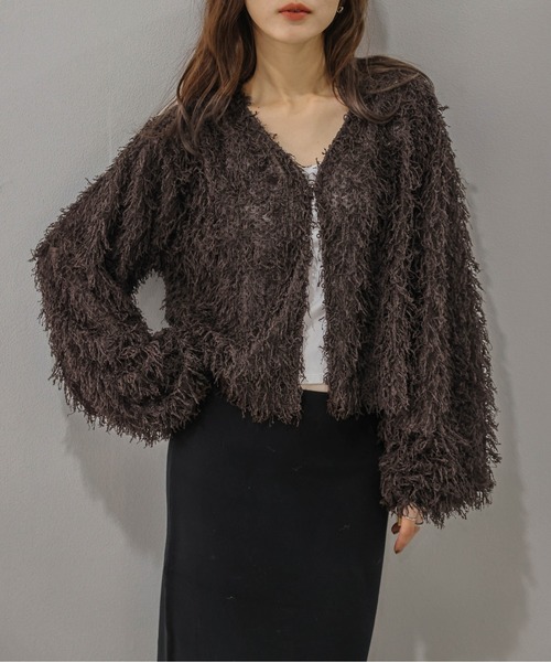 AMELY(エミリー)の「前後2WAY フェザーフリンジ トップス/カーディガン/Vネック(カーディガン/ボレロ・レディース・アイボリー/ブラウン/ブラック・フリー)」の1枚目の写真