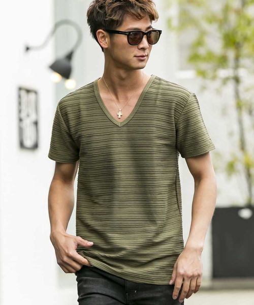 ADMIX/ATELIER SAB MEN（アドミックスアトリエサブメン）の「ピンタック ジャガード ボーダー ／ Vネック Tシャツ（半袖）（Tシャツ/カットソー・メンズ・ブラック/カーキ/オフホワイト/ネイビー/ブルー系その他/ブラック系その他・50/48/52）」の17枚目の写真