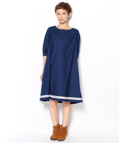 BEAMS BOY（ビームスボーイ）の「□BEAMS BOY / インディゴネル 裾ライン7分袖ワンピース（ワンピース・レディース・インディゴブルー・ONE SIZE）」の2枚目の写真