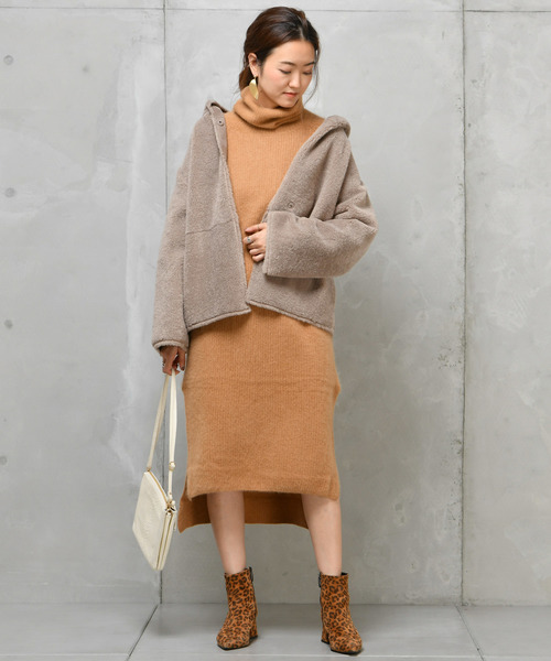 DouDou（ドゥドゥ）の「フェレット片畦タートル（ワンピース・レディース・オフホワイト/ブラウン/ラベンダー/キャメル・FREE）」の6枚目の写真