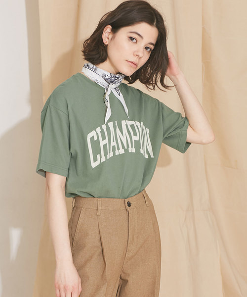 Champion(チャンピオン)の「【MIHO NOJIRI × nano・universe】別注CHAMPIONプリントTシャツ(Tシャツ/カットソー)」|オリーブ