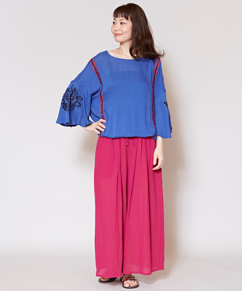 チャイハネ（チャイハネ）の「【チャイハネ】yul 無地コットンクレープフレアワイドパンツ（その他パンツ・レディース・ブラック/ピンク/イエロー/グリーン・FREE）」の13枚目の写真