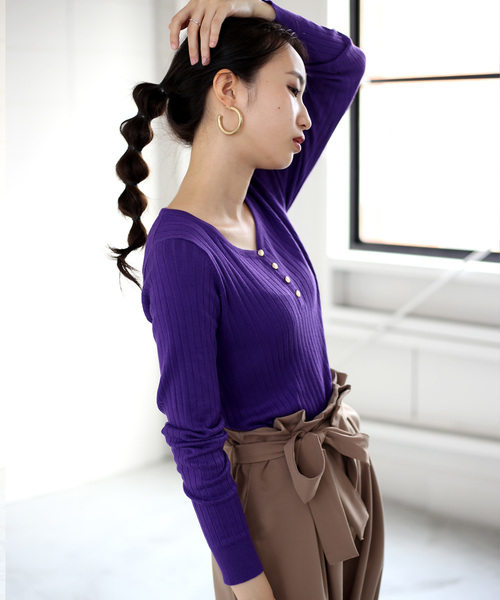 Bou Jeloud（ブージュルード）の「アロエ加工◆ヘンリーリブプルオーバー（ニット/セーター・レディース・チャコールグレー/パープル/ブラウン/イエロー/ブラック・FREE）」の15枚目の写真