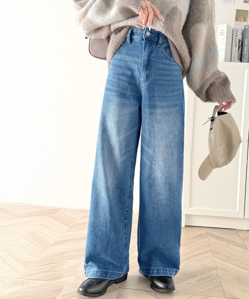 qmile ネイビー パンツ XL quaranciel:〈洗濯機可能〉デニムライク マリン ワイド パンツ