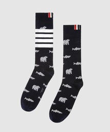 BEAR AND SALMON HALF DROP INTARSIA MID CALF SOCKS IN COTTON W/ 4 BAR STRIPE