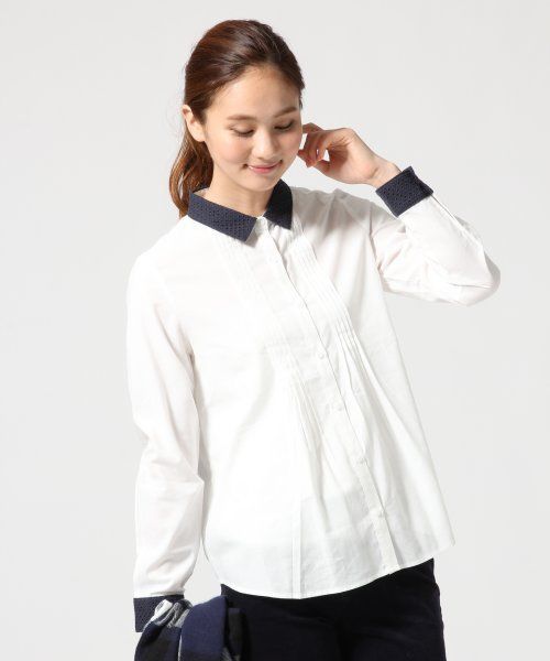 GLOBAL WORK（グローバルワーク）の「レースエリピンタックシャツ長袖/549624（シャツ/ブラウス・レディース・ホワイト/ブルー/ホワイト系その他/その他/ブルー系その他/ネイビー・LARGE/SMALL/MEDIUM）」の3枚目の写真