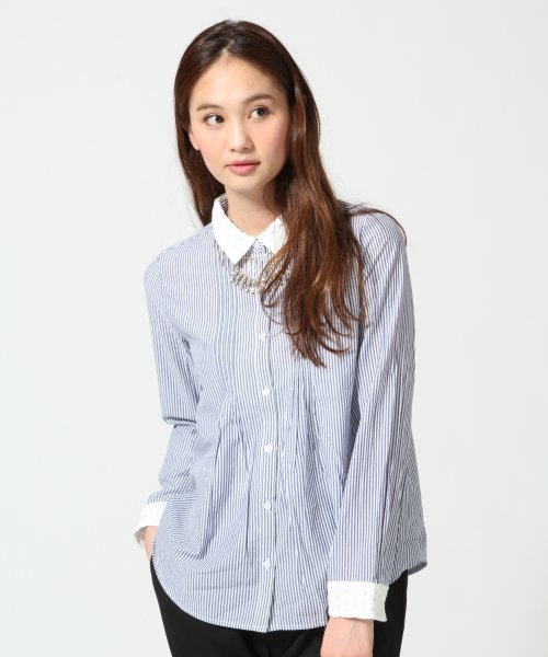 GLOBAL WORK（グローバルワーク）の「レースエリピンタックシャツ長袖/549624（シャツ/ブラウス・レディース・ホワイト/ブルー/ホワイト系その他/その他/ブルー系その他/ネイビー・LARGE/SMALL/MEDIUM）」の5枚目の写真