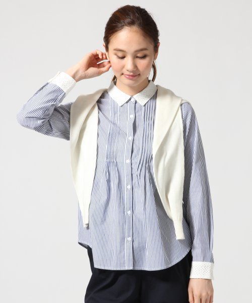 GLOBAL WORK（グローバルワーク）の「レースエリピンタックシャツ長袖/549624（シャツ/ブラウス・レディース・ホワイト/ブルー/ホワイト系その他/その他/ブルー系その他/ネイビー・LARGE/SMALL/MEDIUM）」の4枚目の写真