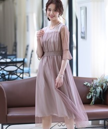 結婚式 パーティー ドレス フレア チュール シアー七分袖&ミモレ丈 セレモニー フォーマル オケージョンドレス お呼ばれ 二次会 成人式