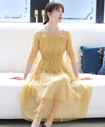 結婚式 パーティー ドレス フレア チュール シアー七分袖&ミモレ丈 セレモニー フォーマル オケージョンドレス お呼ばれ 二次会 成人式 