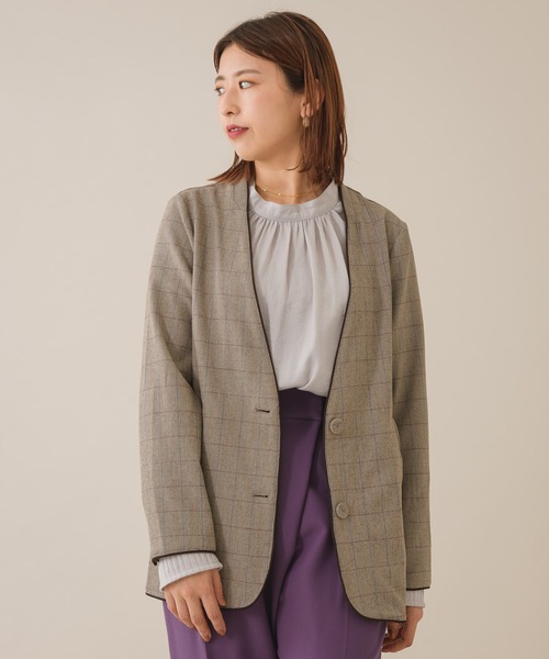 KATHARINE ROSS(キャサリンロス)の「【KATHARINE ROSS】 チェック柄×配色パイピング カラーレスジャケット WEB限定(ノーカラージャケット・レディース・ダークブラウン/ブラウン・MEDIUM)」の2枚目の写真