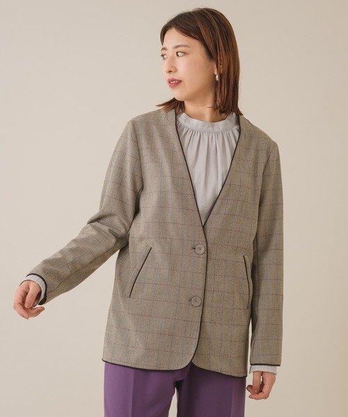 KATHARINE ROSS(キャサリンロス)の「【KATHARINE ROSS】 チェック柄×配色パイピング カラーレスジャケット WEB限定(ノーカラージャケット・レディース・ダークブラウン/ブラウン・MEDIUM)」の19枚目の写真