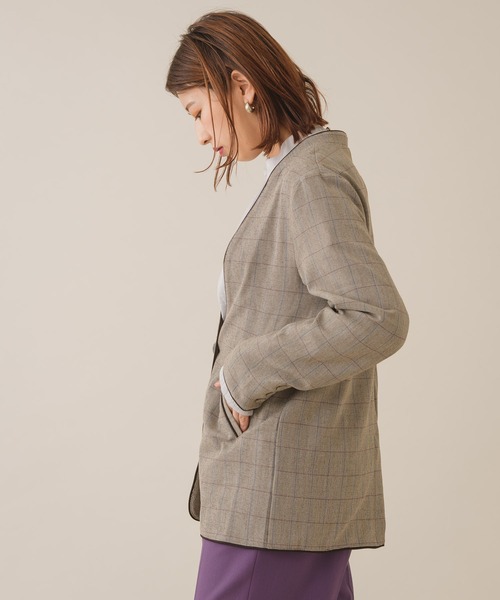 KATHARINE ROSS(キャサリンロス)の「【KATHARINE ROSS】 チェック柄×配色パイピング カラーレスジャケット WEB限定(ノーカラージャケット・レディース・ダークブラウン/ブラウン・MEDIUM)」の7枚目の写真