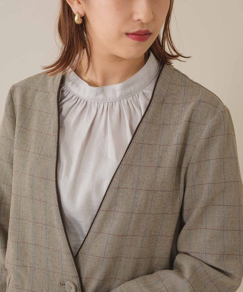 KATHARINE ROSS(キャサリンロス)の「【KATHARINE ROSS】 チェック柄×配色パイピング カラーレスジャケット WEB限定(ノーカラージャケット・レディース・ダークブラウン/ブラウン・MEDIUM)」の10枚目の写真