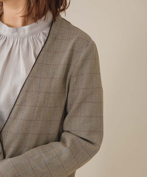 KATHARINE ROSS(キャサリンロス)の「【KATHARINE ROSS】 チェック柄×配色パイピング カラーレスジャケット WEB限定(ノーカラージャケット・レディース・ダークブラウン/ブラウン・MEDIUM)」の14枚目の写真