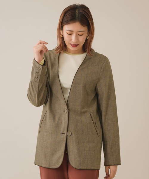 KATHARINE ROSS(キャサリンロス)の「【KATHARINE ROSS】 チェック柄×配色パイピング カラーレスジャケット WEB限定(ノーカラージャケット・レディース・ダークブラウン/ブラウン・MEDIUM)」の9枚目の写真