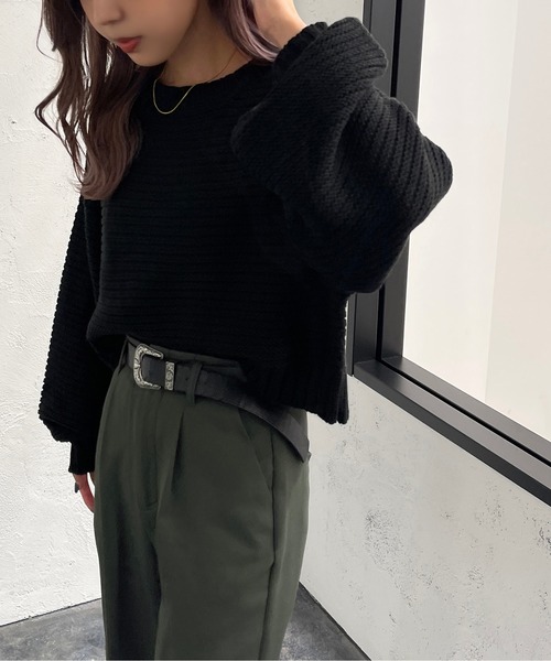 apres jour mignon(アプレジュールミニョン)の「ガーター編みショートニット【ZOZOTOWN限定アイテム】(ニット/セーター・レディース・アイボリー/オレンジ/グリーン/ブラック・X-LARGE/フリー)」の1枚目の写真