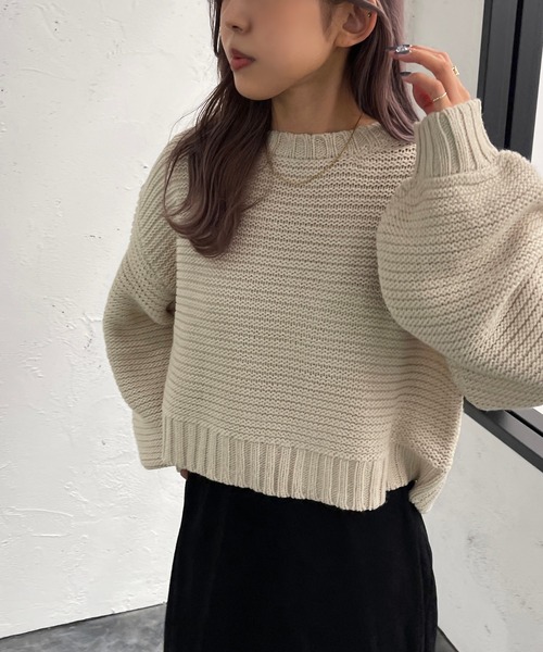 apres jour mignon(アプレジュールミニョン)の「ガーター編みショートニット【ZOZOTOWN限定アイテム】(ニット/セーター・レディース・アイボリー/オレンジ/グリーン/ブラック・X-LARGE/フリー)」の5枚目の写真