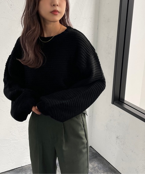 apres jour mignon(アプレジュールミニョン)の「ガーター編みショートニット【ZOZOTOWN限定アイテム】(ニット/セーター・レディース・アイボリー/オレンジ/グリーン/ブラック・X-LARGE/フリー)」の11枚目の写真