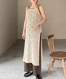 She's Closet | メッシュ編み透かし柄サイドスリット入りシアーニットロングキャミワンピース(ワンピース)