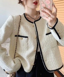 レディースのノーカラージャケット（ホワイト/白色系）ファッション