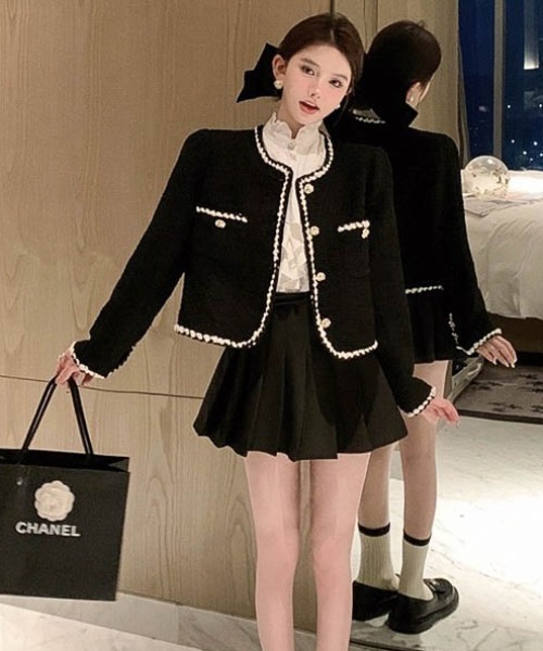 Sibra（シブラ）の「ツイードショート丈コ－ト（ノーカラージャケット・レディース・ブラック/ホワイト/ピンク・M）」の14枚目の写真