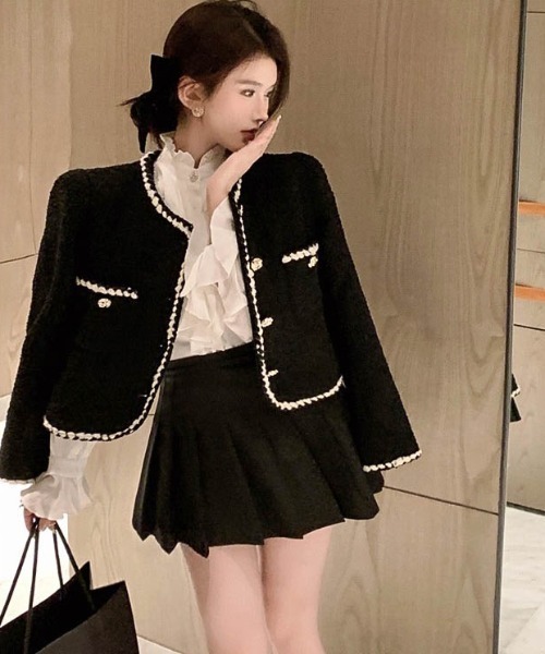 Sibra（シブラ）の「ツイードショート丈コ－ト（ノーカラージャケット・レディース・ブラック/ホワイト/ピンク・M）」の15枚目の写真