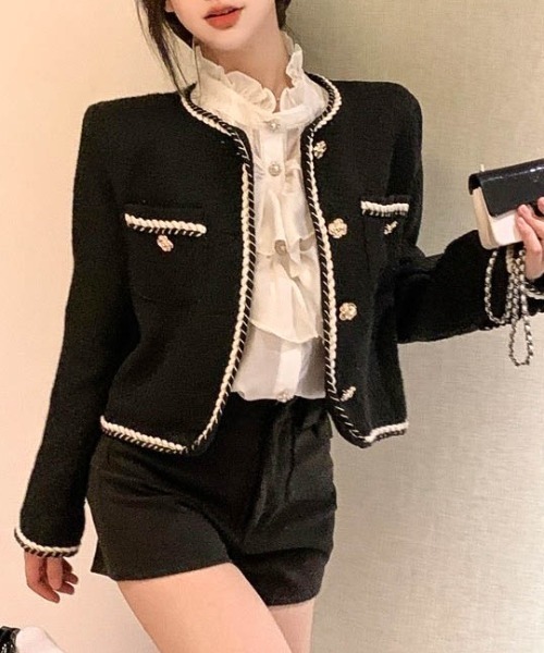 Sibra（シブラ）の「ツイードショート丈コ－ト（ノーカラージャケット・レディース・ブラック/ホワイト/ピンク・M）」の20枚目の写真