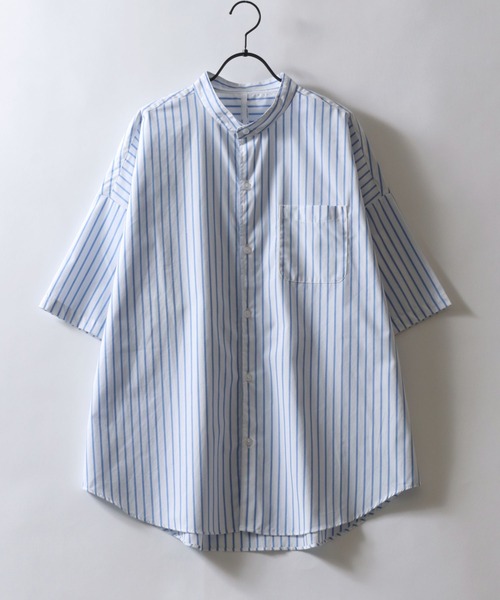 シティショップ ストライププリントシャツ オーバーサイズ ドロップショルダー セール】Oversize drop shoulder broadcloth band collar shirt