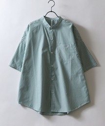 Oversize drop shoulder broadcloth band collar shirt/オーバーサイズ ドロップショルダー ブロード バンドカラー 半袖シャツ