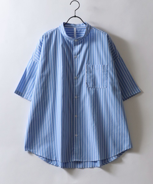 セール】Oversize drop shoulder broadcloth band collar shirt
