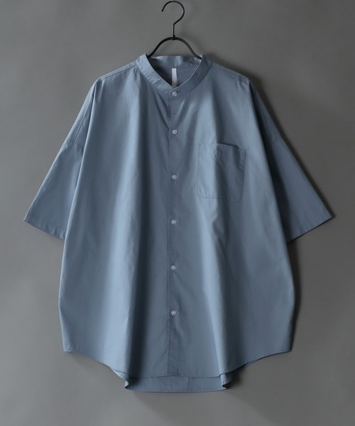 SITRY（シトリー）の「Oversize drop shoulder broadcloth band collar shirt/オーバーサイズ ドロップショルダー ブロード バンドカラー 半袖シャツ（シャツ/ブラウス・メンズ・ブラック/ホワイト/サックスブルー/グリーン/グレイッシュベージュ/イエロー系その他/ホワイト系その他/ブラック系その他/グリーン系その他/ブルー系その他/パープル系その他・M/L/XL）」の8枚目の写真