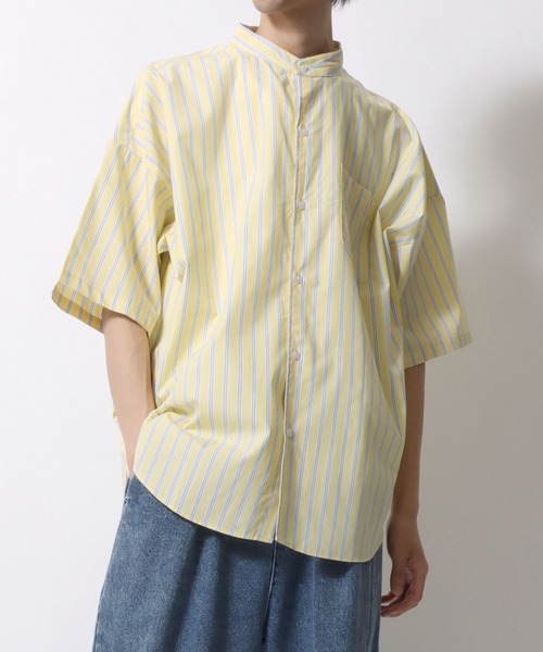 セール】Oversize drop shoulder broadcloth band collar shirt