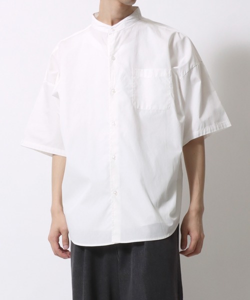 セール】Oversize drop shoulder broadcloth band collar shirt