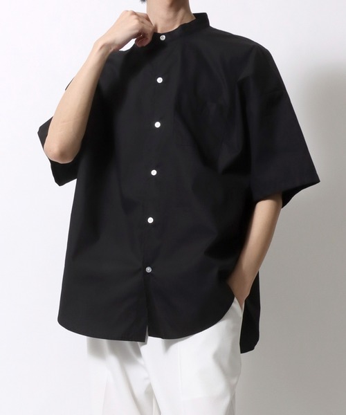 セール】Oversize drop shoulder broadcloth band collar shirt