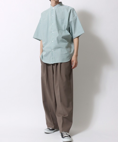 セール】Oversize drop shoulder broadcloth band collar shirt
