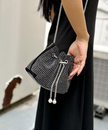 【LVEU.】ラインストーン巾着ミニショルダーバッグ / バッグ 鞄 BAG ショルダー ミニ 巾着 チェーン ラインストーン スタッズ キラキラ ショルダー ポーチ ブラック シルバー ZOZOTOWN限定