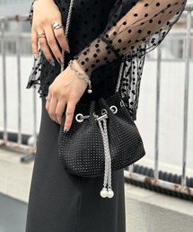 【LVEU.】ラインストーン巾着ミニショルダーバッグ / バッグ 鞄 BAG ショルダー ミニ 巾着 チェーン ラインストーン スタッズ キラキラ ショルダー ポーチ ブラック シルバー ZOZOTOWN限定