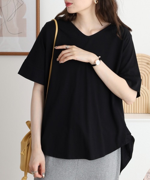 atONE(アットワン)の「atONE Vネックドルマン半袖綿ニット(Tシャツ/カットソー・レディース・ブラック/ライトグレー/ネイビー/杢グレー/グレイッシュベージュ/カーキ/ホワイト・LL~3L/4L~5L/M-L)」の13枚目の写真