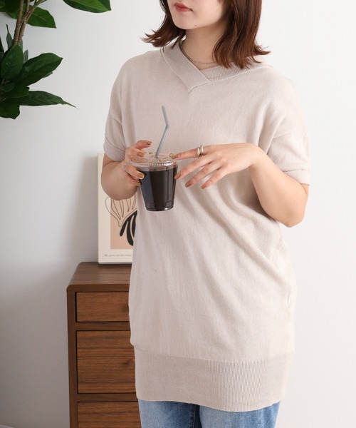 atONE(アットワン)の「atONE Vネックドルマン半袖綿ニット(Tシャツ/カットソー・レディース・ブラック/ライトグレー/ネイビー/杢グレー/グレイッシュベージュ/カーキ/ホワイト・LL~3L/4L~5L/M-L)」の16枚目の写真