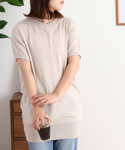 atONE(アットワン)の「atONE Vネックドルマン半袖綿ニット(Tシャツ/カットソー・レディース・ブラック/ライトグレー/ネイビー/杢グレー/グレイッシュベージュ/カーキ/ホワイト・LL~3L/4L~5L/M-L)」の17枚目の写真