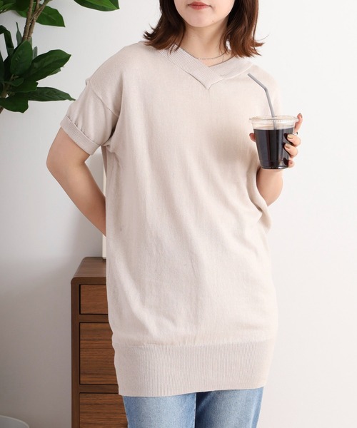 atONE(アットワン)の「atONE Vネックドルマン半袖綿ニット(Tシャツ/カットソー・レディース・ブラック/ライトグレー/ネイビー/杢グレー/グレイッシュベージュ/カーキ/ホワイト・LL~3L/4L~5L/M-L)」の18枚目の写真