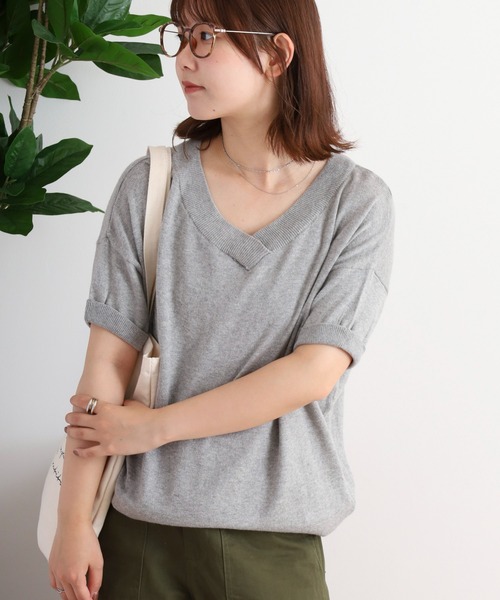 atONE(アットワン)の「atONE Vネックドルマン半袖綿ニット(Tシャツ/カットソー・レディース・ブラック/ライトグレー/ネイビー/杢グレー/グレイッシュベージュ/カーキ/ホワイト・LL~3L/4L~5L/M-L)」の20枚目の写真