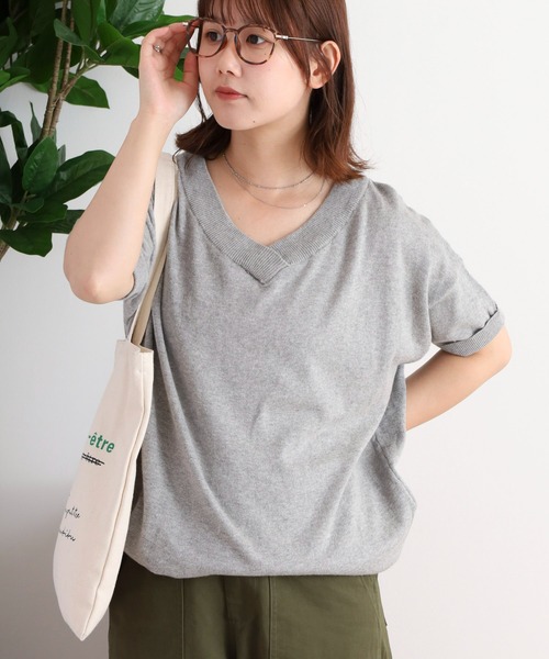 atONE(アットワン)の「atONE Vネックドルマン半袖綿ニット(Tシャツ/カットソー・レディース・ブラック/ライトグレー/ネイビー/杢グレー/グレイッシュベージュ/カーキ/ホワイト・LL~3L/4L~5L/M-L)」の21枚目の写真