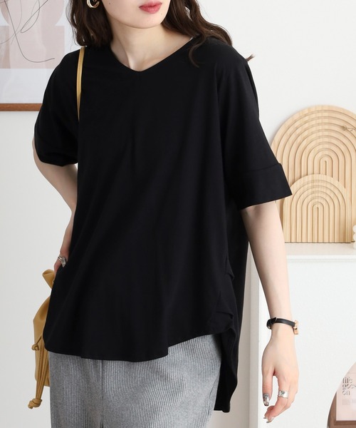 atONE(アットワン)の「atONE Vネックドルマン半袖綿ニット(Tシャツ/カットソー・レディース・ブラック/ライトグレー/ネイビー/杢グレー/グレイッシュベージュ/カーキ/ホワイト・LL~3L/4L~5L/M-L)」の12枚目の写真