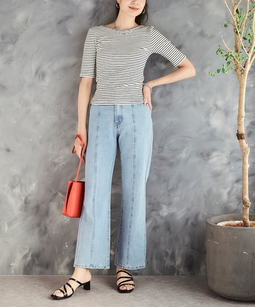 anown（アノン）の「バックオープン トップス Tシャツ 半袖 背中あき 肌見せ リブTシャツ カットソー 五分袖 ボーダー 無地 二の腕カバー カジュアル（Tシャツ/カットソー・レディース・ベージュ/ブラック/オフホワイト/ホワイト系/グレイッシュベージュ・FREE）」の12枚目の写真