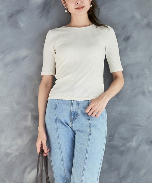 セール】バックオープン トップス Tシャツ 半袖 背中あき 肌見せ リブT