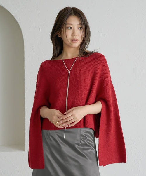 soie by apres jour mignon(ソワバイアプレジュールミニョン)の「【soie by apres jour mignon】袖スリットブークレニットポンチョ【ZOZOTOWN限定アイテム】(ニット/セーター・レディース・レッド/グレー/アイボリー/ブラック・フリー)」の12枚目の写真